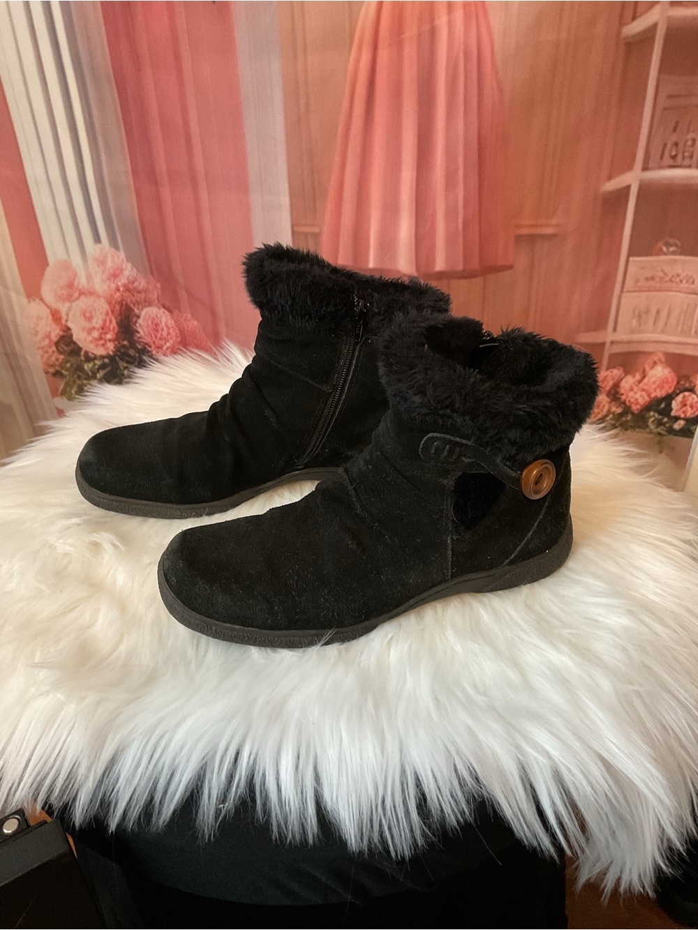 G.H. Bass & Co. Black Faux Fur Trim Ankle Booties with Button Accent